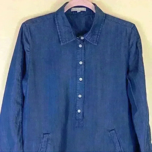 Joan Vass Dark Wash Blue Denim Chambray 1/2 Button Mini Dress Blouse Size S - Picture 2 of 12